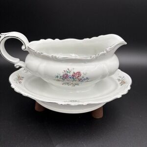 Crown Bavaria Germany Gravy Boat  Bowl Attached Platter Ladle Bouquet Floral Vtg